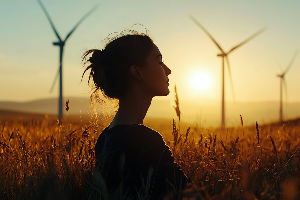 Clean-Energy-Solutions-Index. Women with sunset and wind turbines